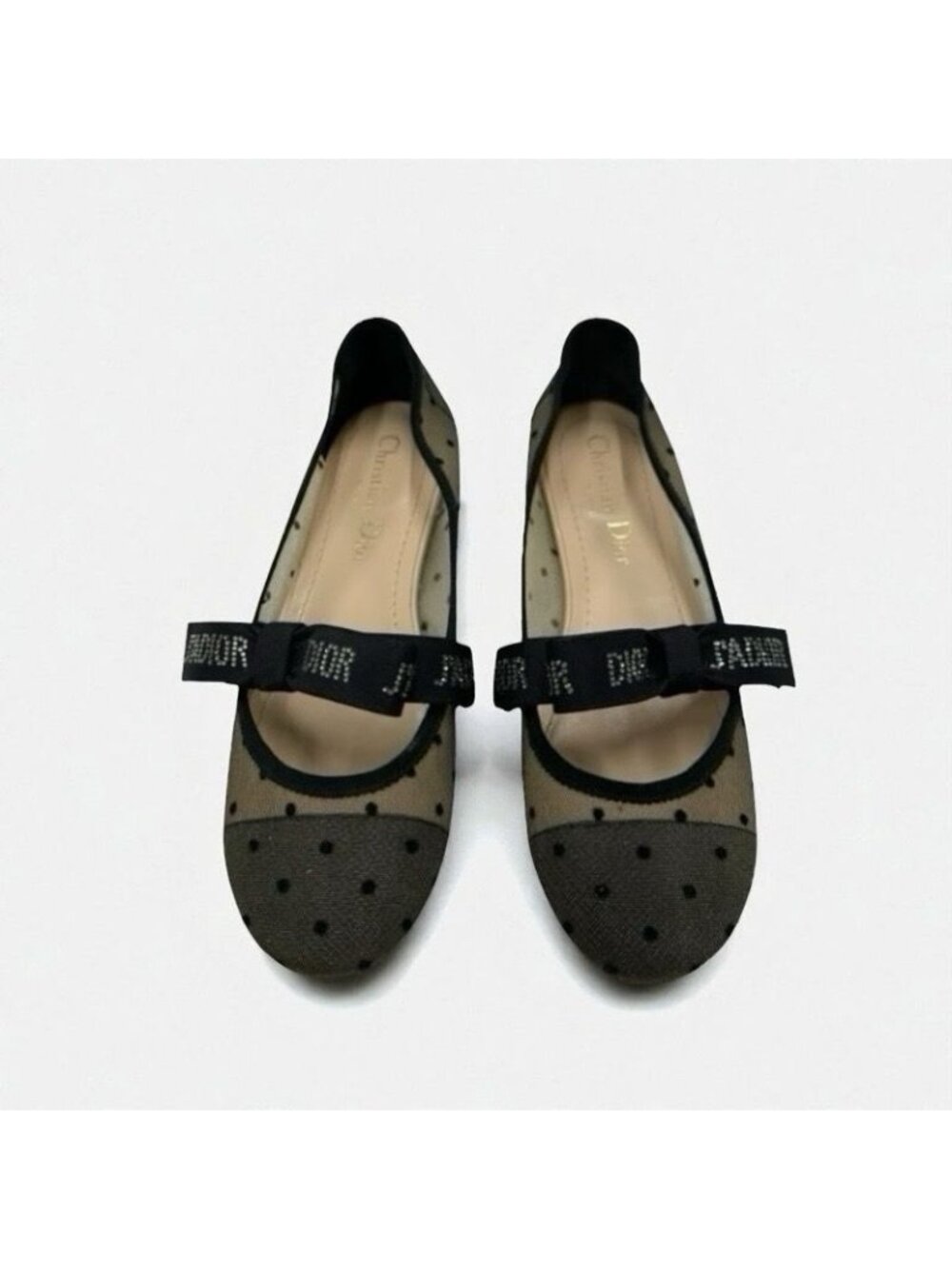 Christian Dior Ja Flat Shoes Mesh Fabric Black Logo Dot Ribbon Rhinestone - Picture 3 of 10